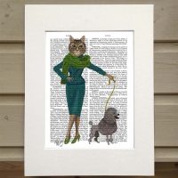 Fab Funky fashionista cat with poodle antiquarian print