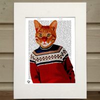 Fab Funky ginger cat in red sweater antiquarian print