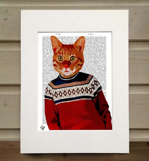 Fab Funky ginger cat in red sweater antiquarian print