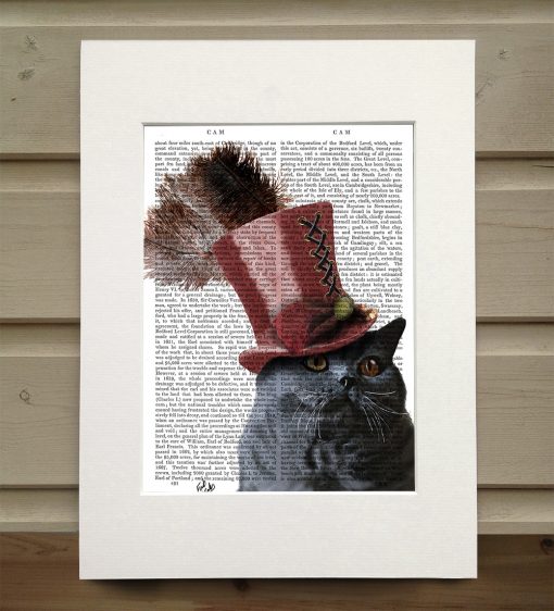 Fab Funky grey steampunk cat in top hat antiquarian print